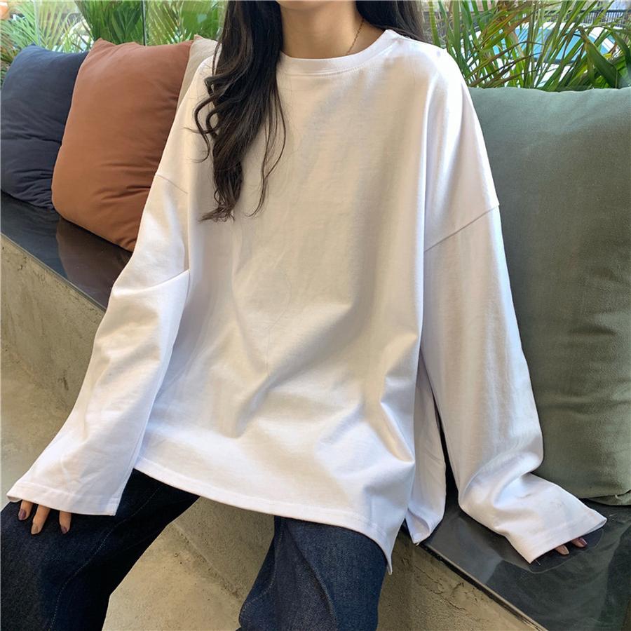 Autumn Fall Ripped Hem Solid Long Sleeve T-Shirt Women Fashion Undershirt Korean Style Trendy Student Casual Loose Top