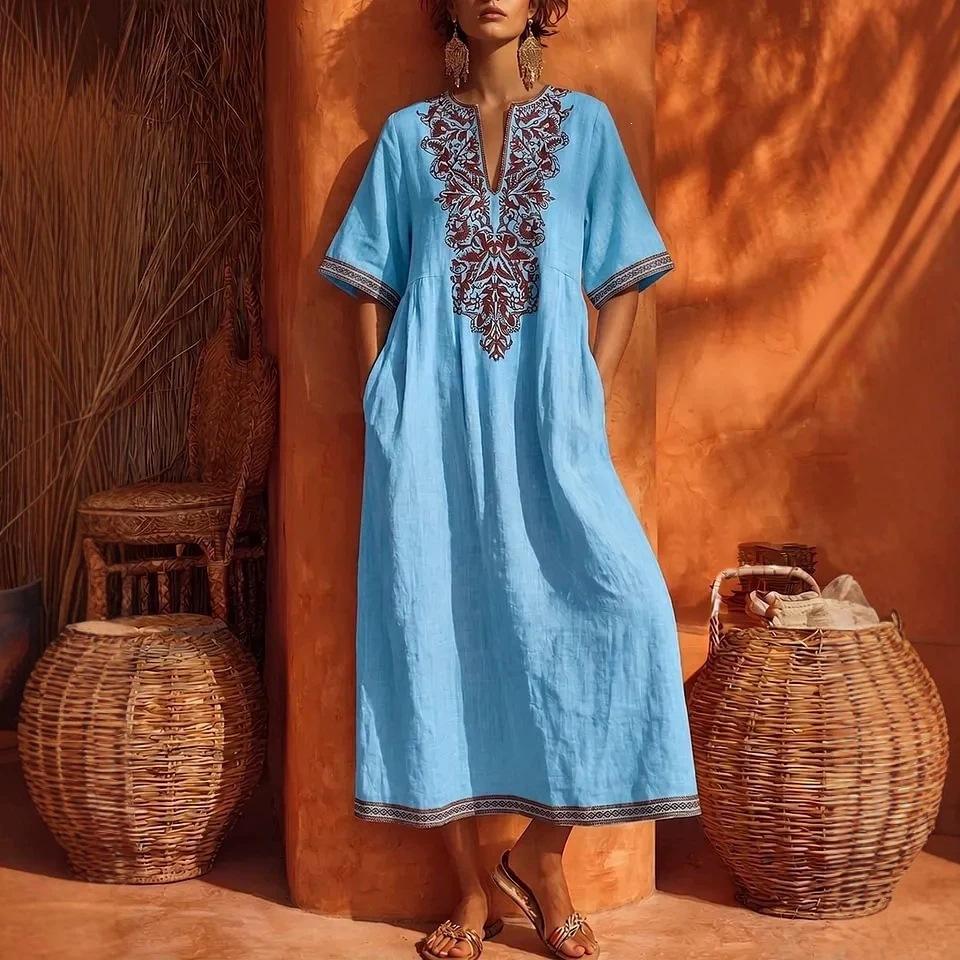 Women V Neck Ethnic Style Embroidered Short Sleeve Maxi Dress Bohemian Loose Fit Kaftan Dress Multi Color