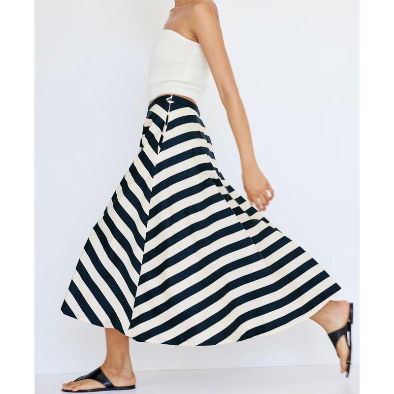 

Trade Order H Home Stripes Large Swing 2025 New Arrival Summer Sexy Open Back Elegant Elegance Fashion High Waist Skirt Black and White XS(EUR34)