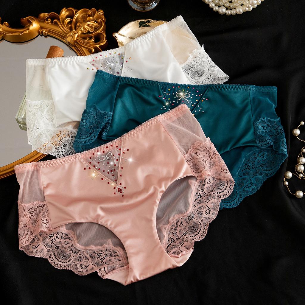 Mit Diamanten verzierte Mid-Waist-Spitzen-Slips Sexy und atmungsaktive Damen-Triangel-Slips