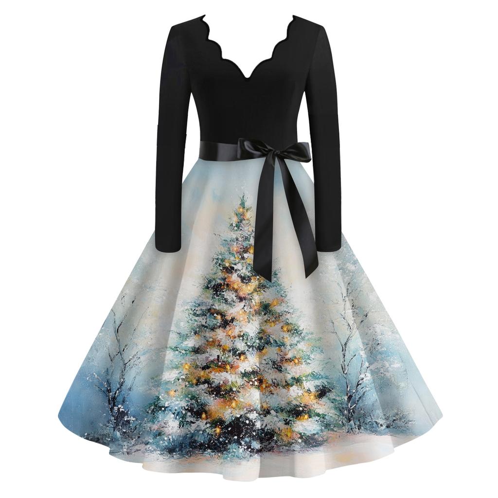 Women's Casual Fashion V Neck Long Sleeve Christmas Printed Party Vintage Long Dresses
