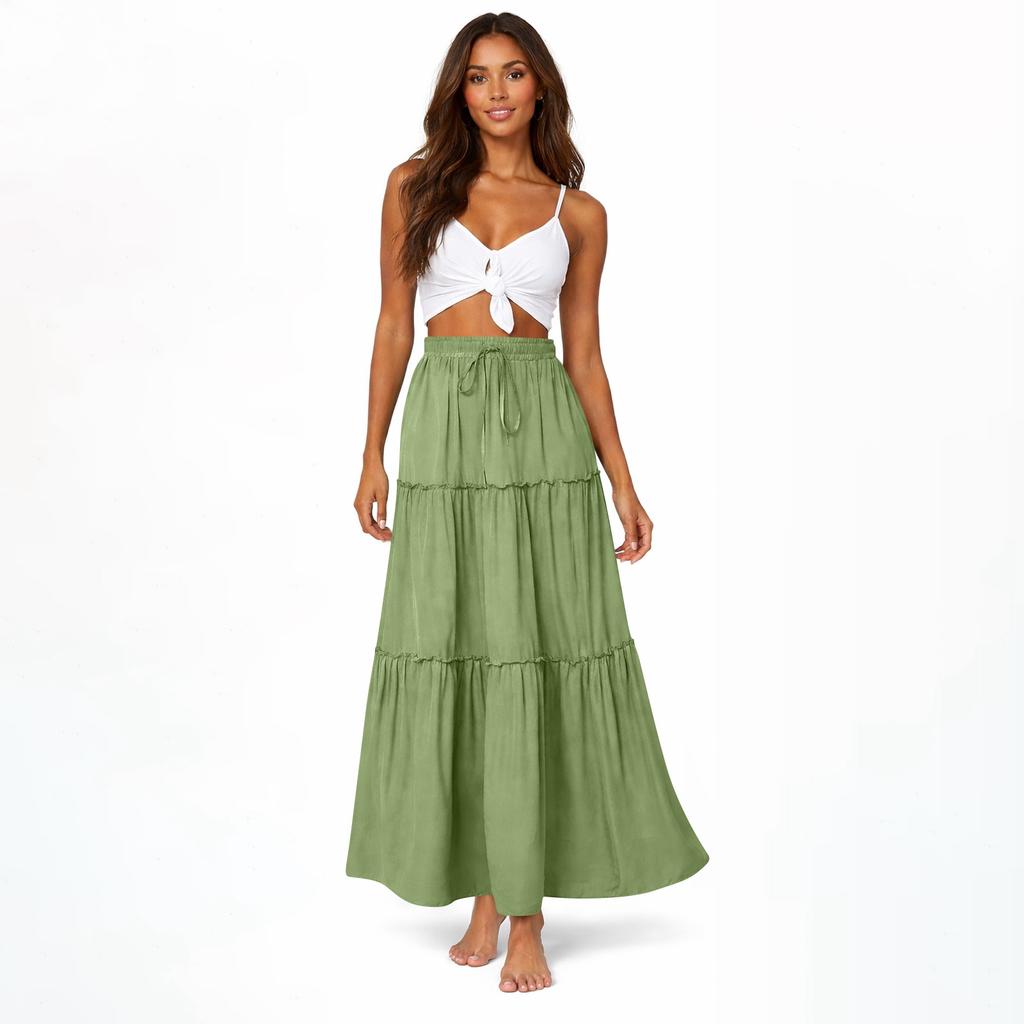 Women's Fashion Color Elastic Waist Skirt Loose Casual High Waist Tie Long Skirt