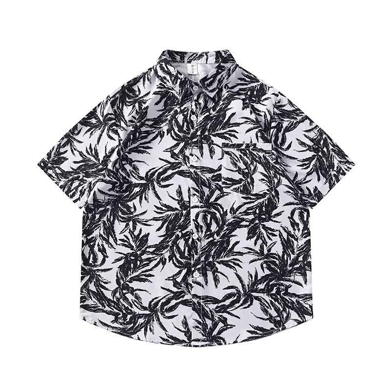 Summer vacation seaside blue shirt for men and women, trendy loose-fitting plus-size Hawaiian short-sleeve shirt