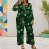 Women Plus Size Dark Blue Printed Round Neck Long Sleeve Two Piece Set Asymmetrical Layered Top Wide Leg Pants
