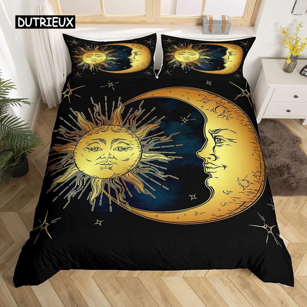 Mandala Duvet Cover Set Sun and Moon Comforter Cover Ties Exotic Style Black and White Botanical Floral Polyester Bedding Set