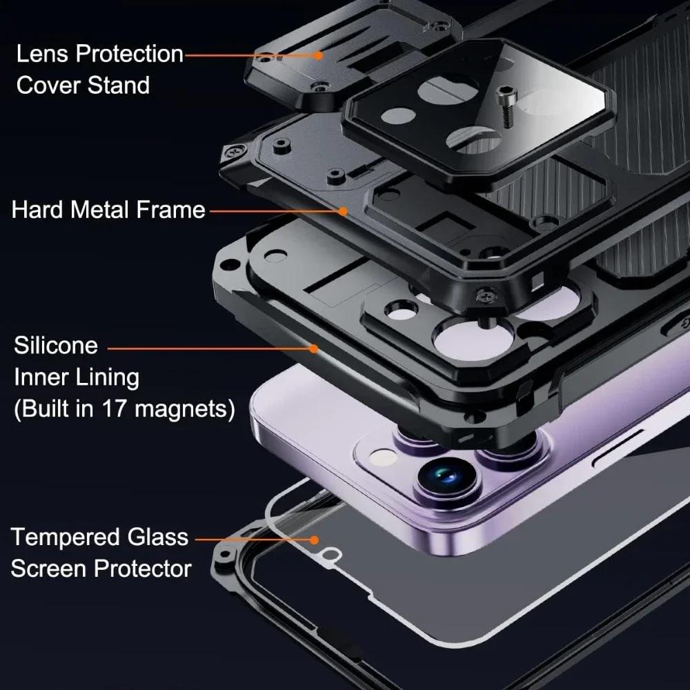For iPhone 16 15 Plus 14 Pro Max Aluminum Metal Shockproof Magnetic Case Heavy Duty Armor Cover With Screen Protector Lens Stand