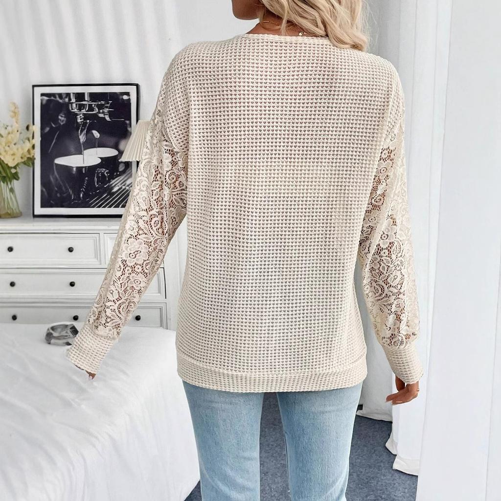 Spring Elegant Women's Solid Color V-neck Lace Splicing Long-sleeved T-shirt Tops Women Versatile Closet Essential Fashion Items Shirt