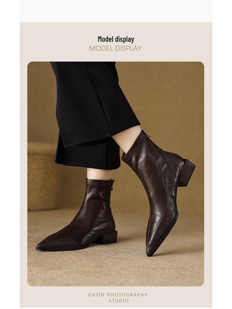 Women's Genuine Leather Sheepskin Ankle Boots - Pointed Toe, Chunky Heel, Back Zipper, 2025 New Stretch Sock Slim Boots