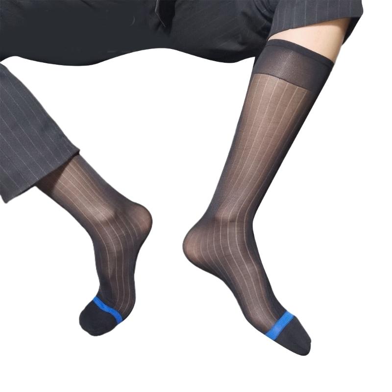 Mens Thin Sheer Dress Socks Nylon Breathable Business Over Calf Striped Stockings