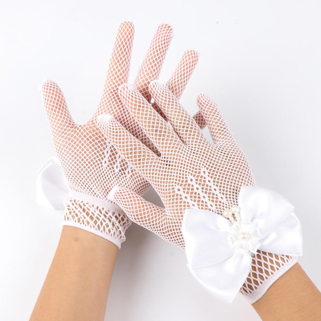 Kids Party Lace Pearl Fishnet Gloves Communion Flower Girl Party Mittens Children's Mittens High Elasticity Mesh Bow Gloves