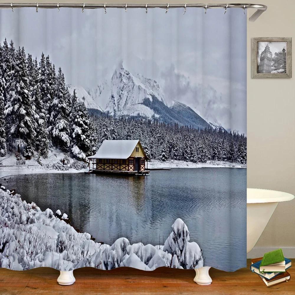 Natural landscape Snowflake Cedar Tree Shower Curtains Bathroom Curtain Frabic Waterproof Polyester Bath Curtain with Hooks