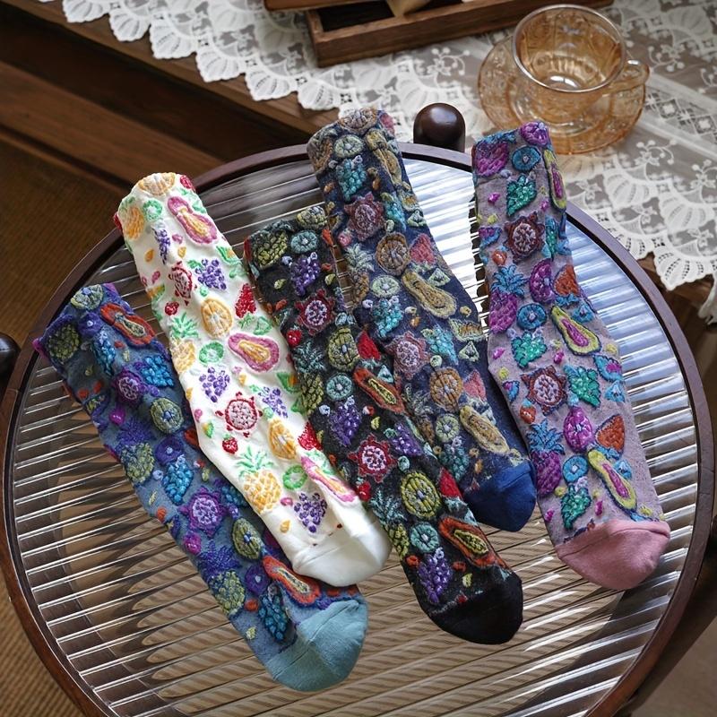 5 Pairs Women's Japanese Retro Checkered & Floral Print Mid-Calf Socks - Assorted Patterns, Soft Breathable FabricCute Socks, Comfortable Wear