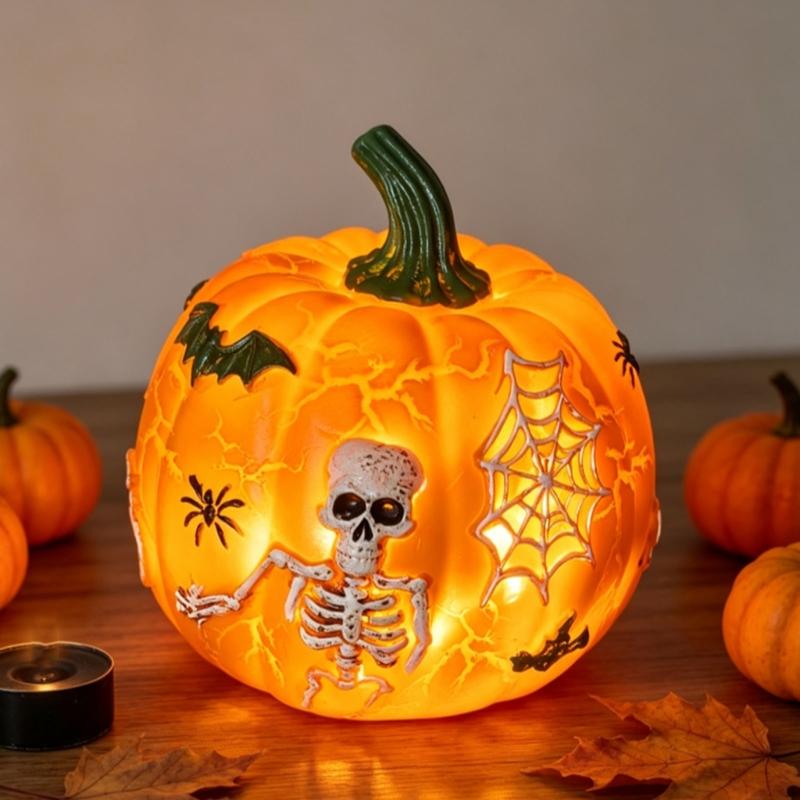 Illuminated Plastic Pumpkin Ornament with Skeleton Web Detail for Halloween Party Decoration, and Table Shelf and Entryway