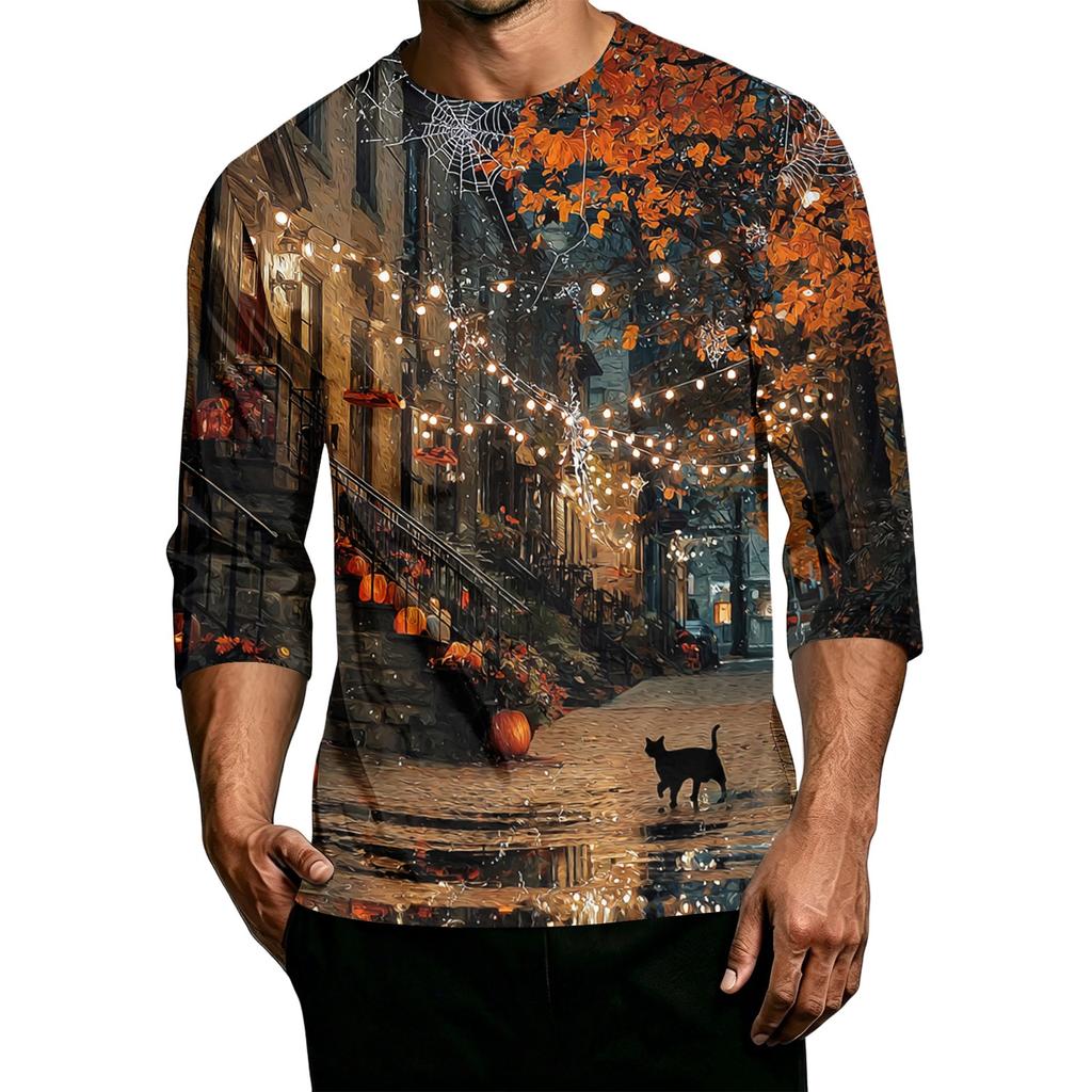 Men's Casual Halloween Printed Crew Neck Three Quarter Sleeve T Shirt with Pumpkin Graphic Loose Fit Comfortable Top