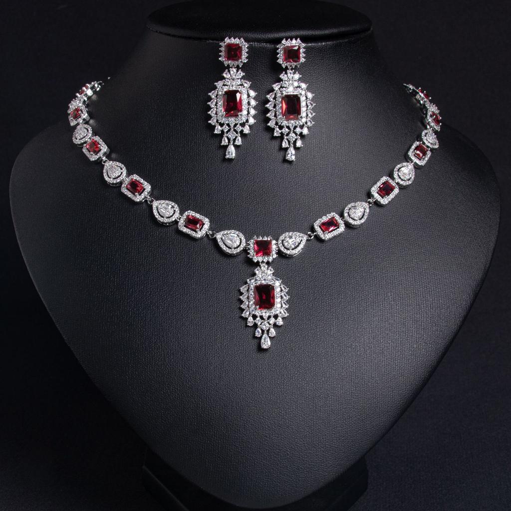 Luxurious Shiny Inlaid Zircon Silver Plated Fashion Bridal Party Wedding Engagement Anniversary Necklace and Earring Jewelry Set