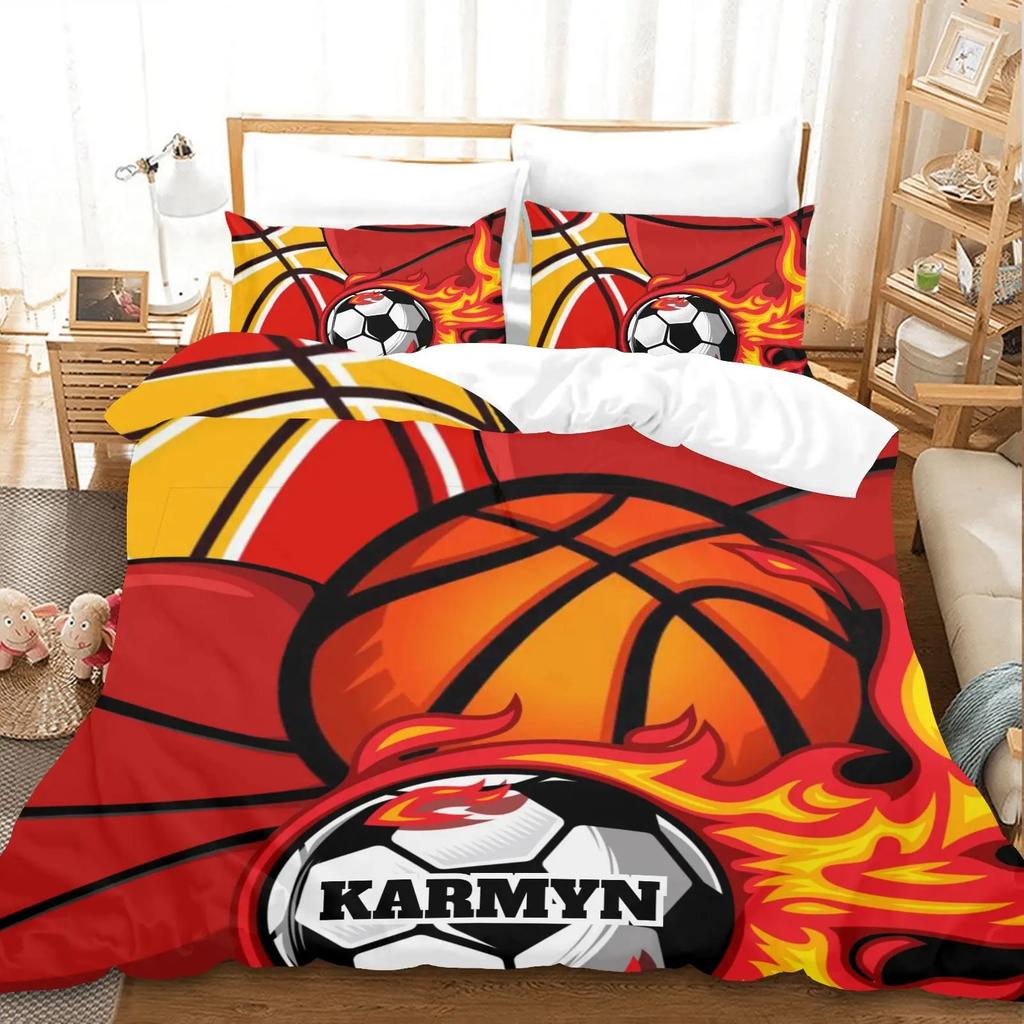 Custom Name Soccer Duvet Cover for Boys Teens Blue Flame Soccer Bedding Set Personalized Sports Comforter Cover Bedroom Decor