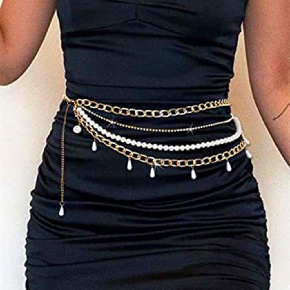 New metal chain imitation pearl multi-layer body chain, temperament versatile claw diamond waist chain women