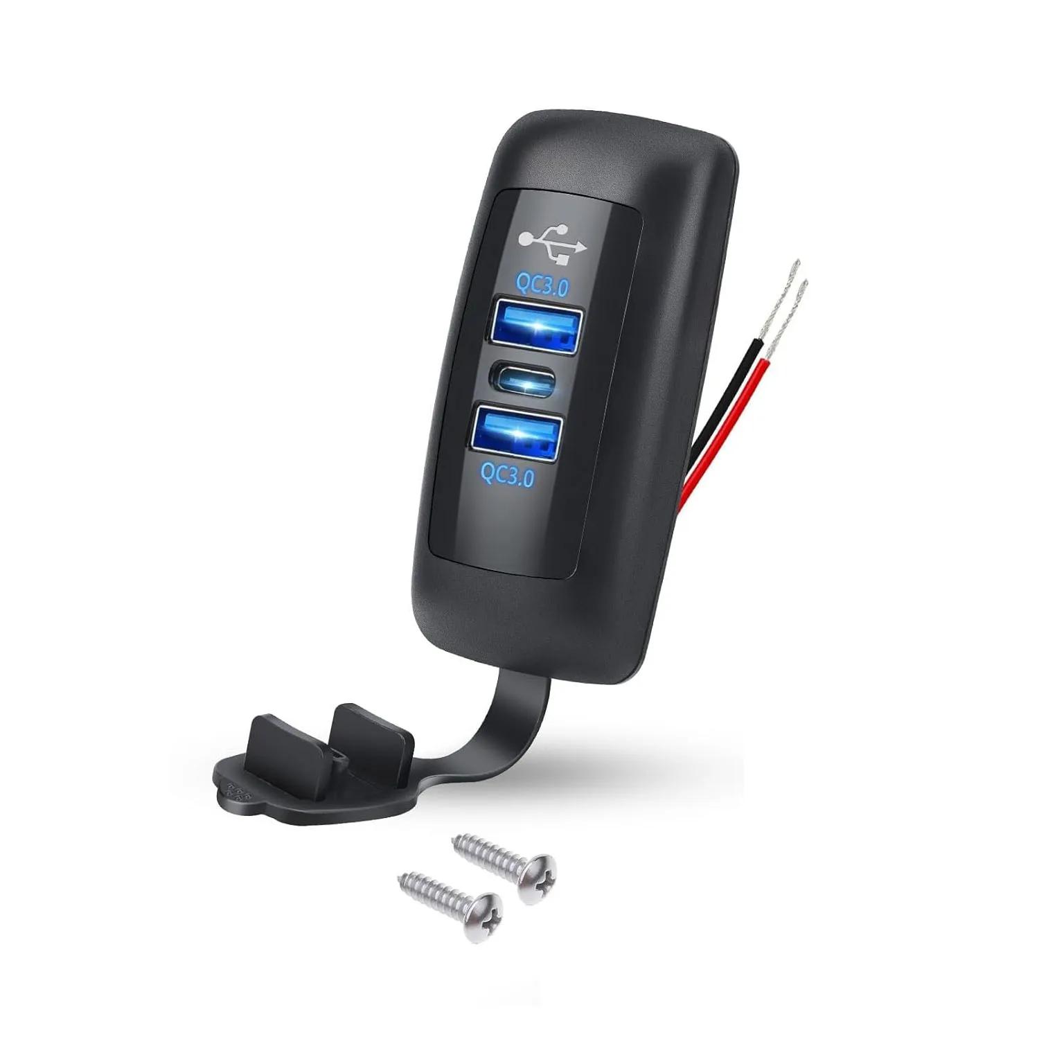 

3-Ports Car Charger USB Outlet Type-C PD3.0 Dual QC3.0 Panel Wall Surface Mount Fast Charger Adapter for RV Marine Bus 12V-24V