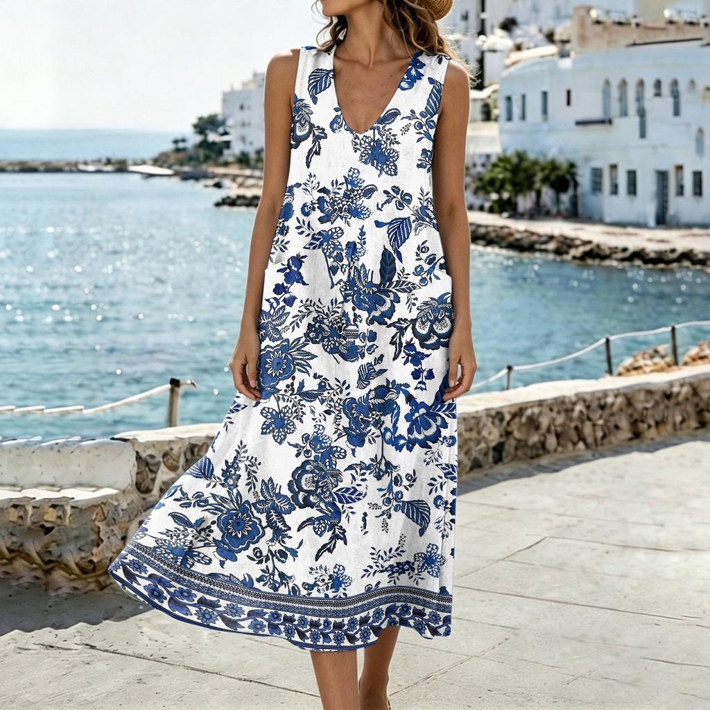 Women's Sleeveless U Neck Midi Dress with Pockets and Side Slits Cotton Linen Floral Print Casual Loose Fit Vest Dress