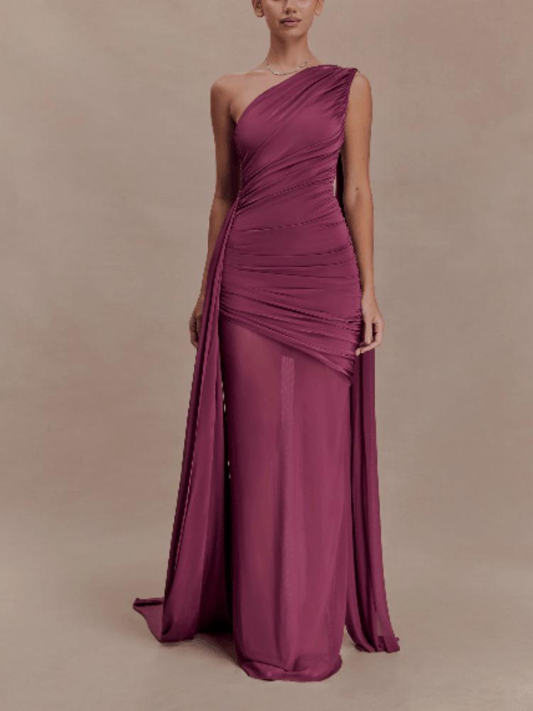 Women's Mesh Patchwork One-Shoulder Cape Slim-Fit Party Dress