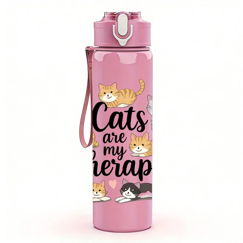 1PC Cats Are My Therapy Group Print 750ml Color Plastic Sports Water Bottle Leakproof Flip Straw Lid Suitable for Sports Office Home Use