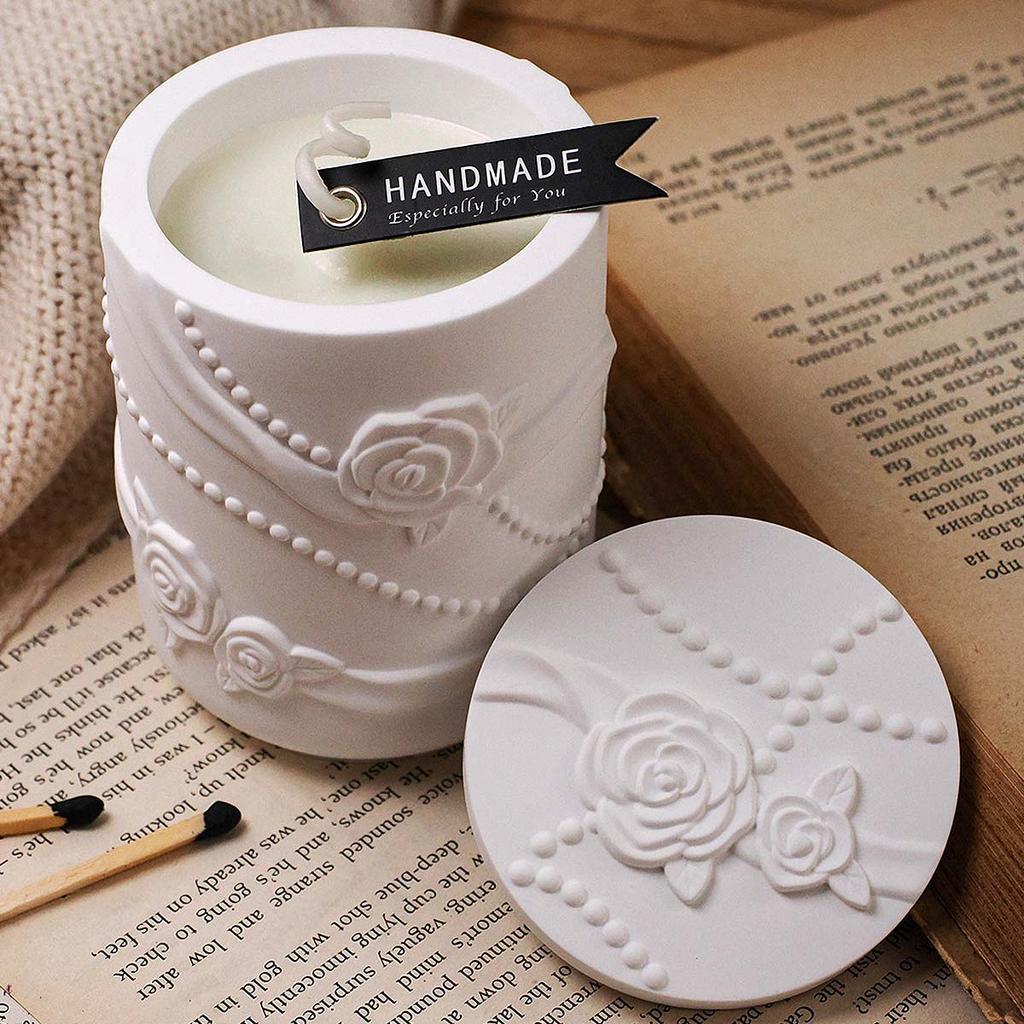 Pearl Ribbon Rose Candle Jar Silicone Mold DIY Relief Flower Shape Storage Box Making Molds Plaster Resin Vase Home Crafts Decor