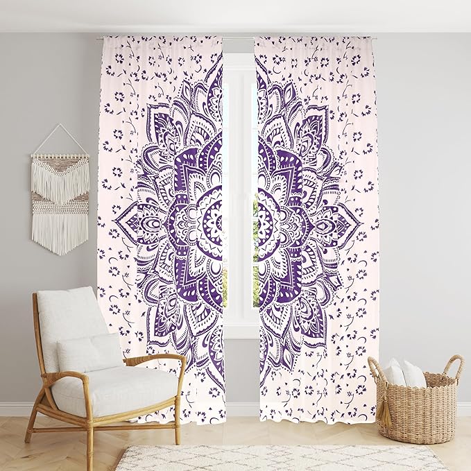 BLESS INTERNATIONAL Beautiful Indian Bohemian Psychedelic Hippie Ombre Window Curtain Panels for Bedroom, Living, Balcony (Blue Flower)
