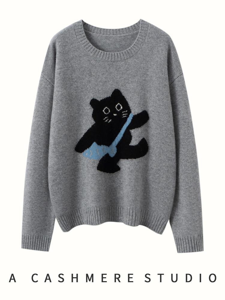 Korean Style Women's Cashmere Sweater - Cute Cat Jacquard, Round Neck Knitwear for Autumn/Winter