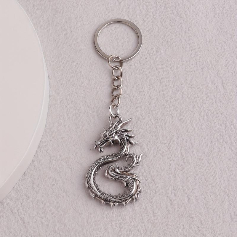 Vintage Silver Zinc Alloy Dragon Shape Keychain Pendant, Birthday Or Other Holiday Gift, Creative Fashion Item, Retro Style