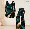 Damen Plus Size Zweiteiler V-Ausschnitt Langarm Bedrucktes Ausgestelltes Oberteil Ausgestellte Hose Schwarz Blau