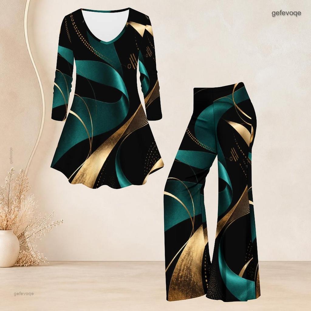 Damen Plus Size Zweiteiler V-Ausschnitt Langarm Bedrucktes Ausgestelltes Oberteil Ausgestellte Hose Schwarz Blau