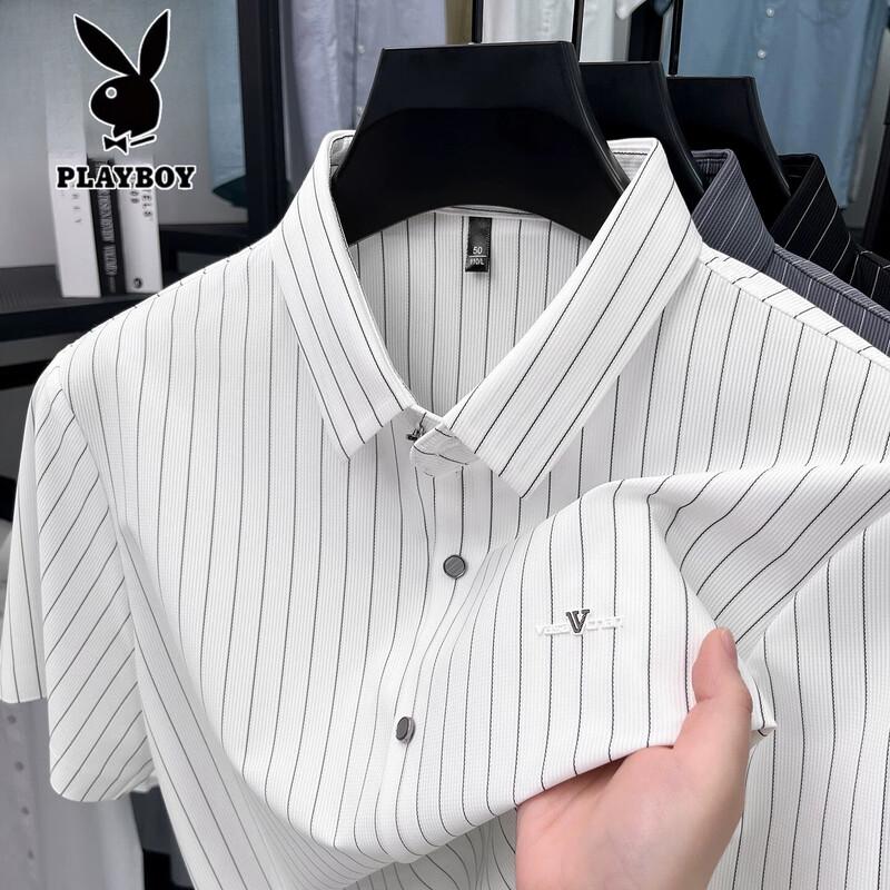 PLAYBOY Men s Striped Ice Silk Short-Sleeve Shirt 2XL