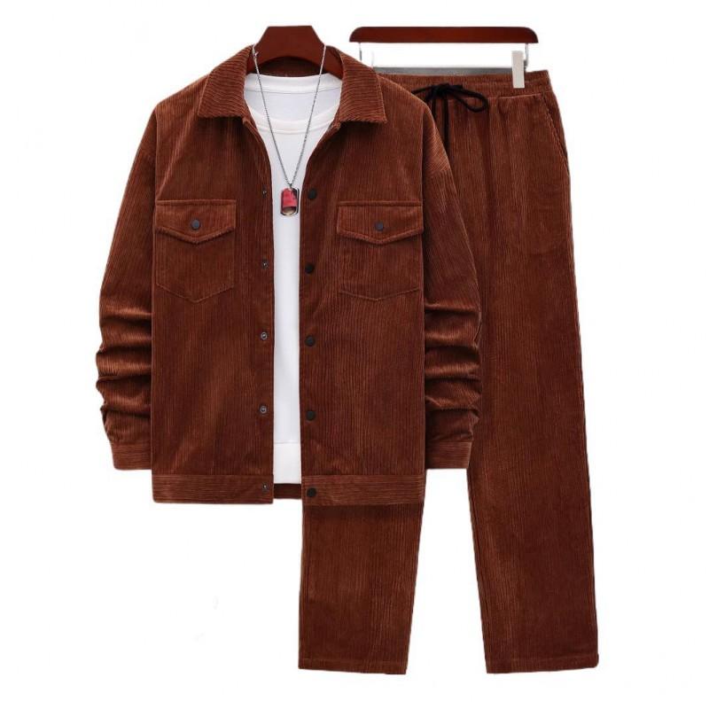 Mens Corduroy Textured Long Sleeve Workwear Jacket Drawstring Casual Pants Set Coffee Blue Black