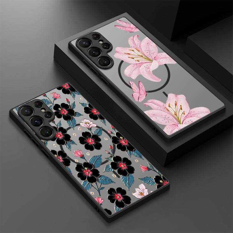 Magnetic For Magsafe Case For Samsung Galaxy S26 Ultra S25 Edge S24 S23 S22 Plus S21 FE Floral Pattern Hybrid Matte Cover