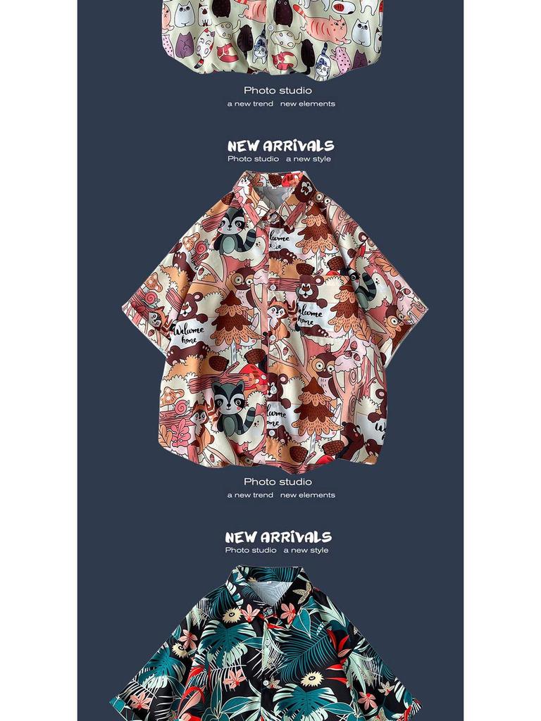 Letnia Koreańska Retro Kwiatowa Para Luźna Koszula z Krótkim Rękawem - Męski Modny Styl