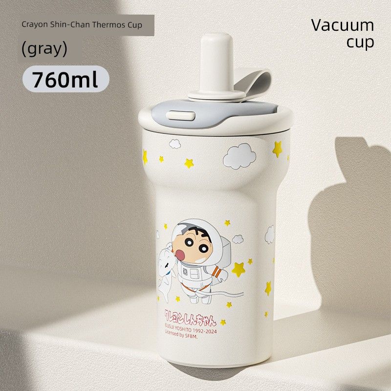 Shin-Chan Coffee Cup Large Capacity Thermos Cup for Women with High Aesthetic Appeal, Straw Cup for Students, Portable Water Bottle 2025 New Model Crayon Shin-Chan Thermos Cup 760Ml-Grey