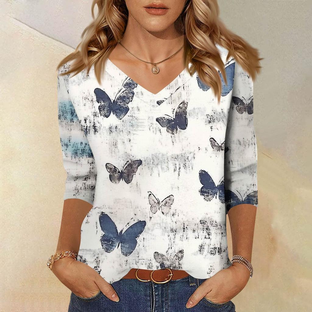 Women's Tops Three-quarter Sleeve Shirt V-neck Loose Casual Shirt Print T-shirt