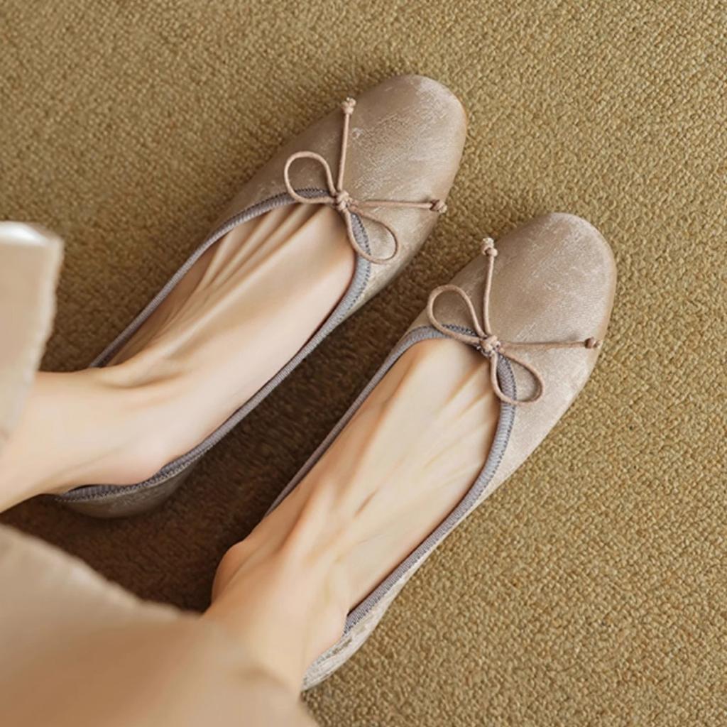 French Retro Ballet Flat Shoes Women's Spring and Autumn Doudou Shoes Round Head Bow Light Mouth Versatile National Style Single Shoes