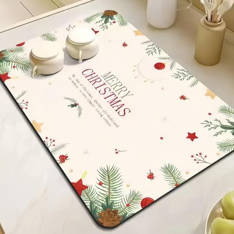 1 piece of Christmas series kitchen washbasin, home drain mat, absorbent soft pad, bowl, plate, cup, wash free tea bar mat