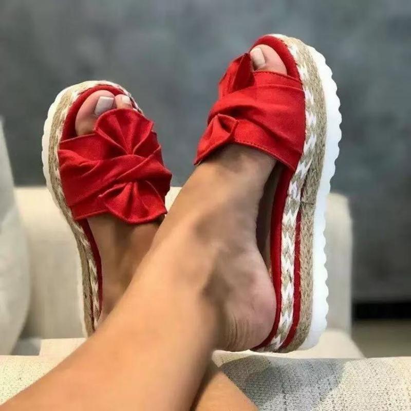 Women Bowknot Weave Sandals Wedge Bottom Casual Daily Comfy No Slip Vacation Beach Slippers Elegant Summer Breathbale Shoes