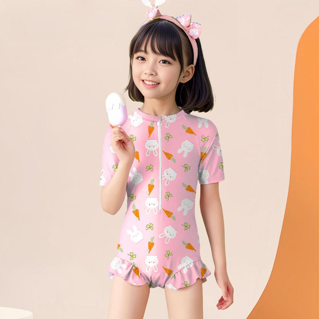 Girls' Quick-Dry Sun Protection One-Piece Swimsuit - Cute Swimwear for Kids