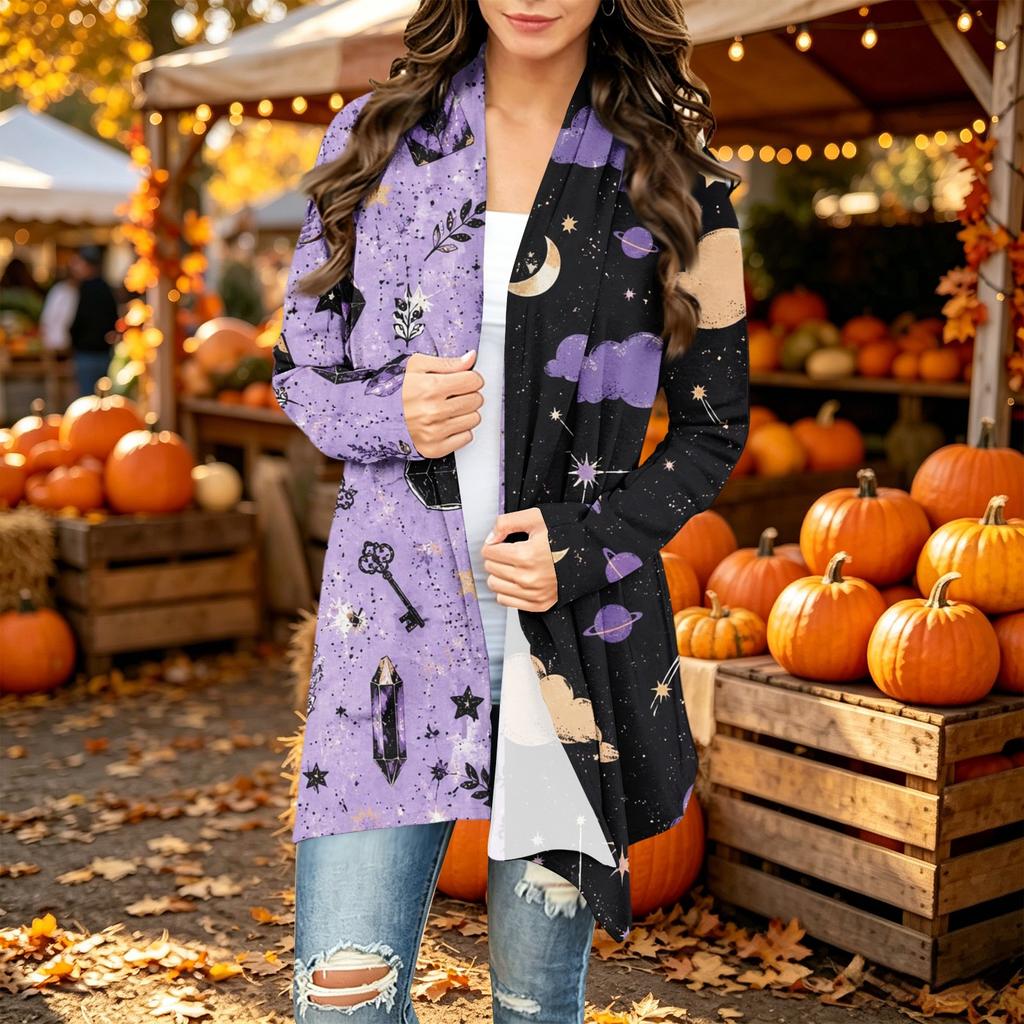 Women's Casual Long Sleeve Cardigan with Halloween Print for Festive Occasions