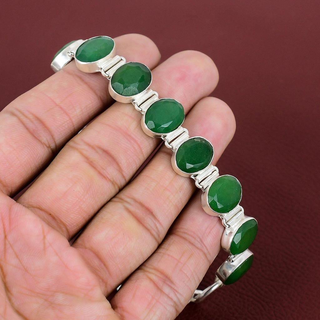 Faceted Zambian Emerald Bracelet Very Pretty Gemstone Handmade Jewelry 925 Sterling Silver Bracelet Adjustable Chain Bracelet Gift For Women
