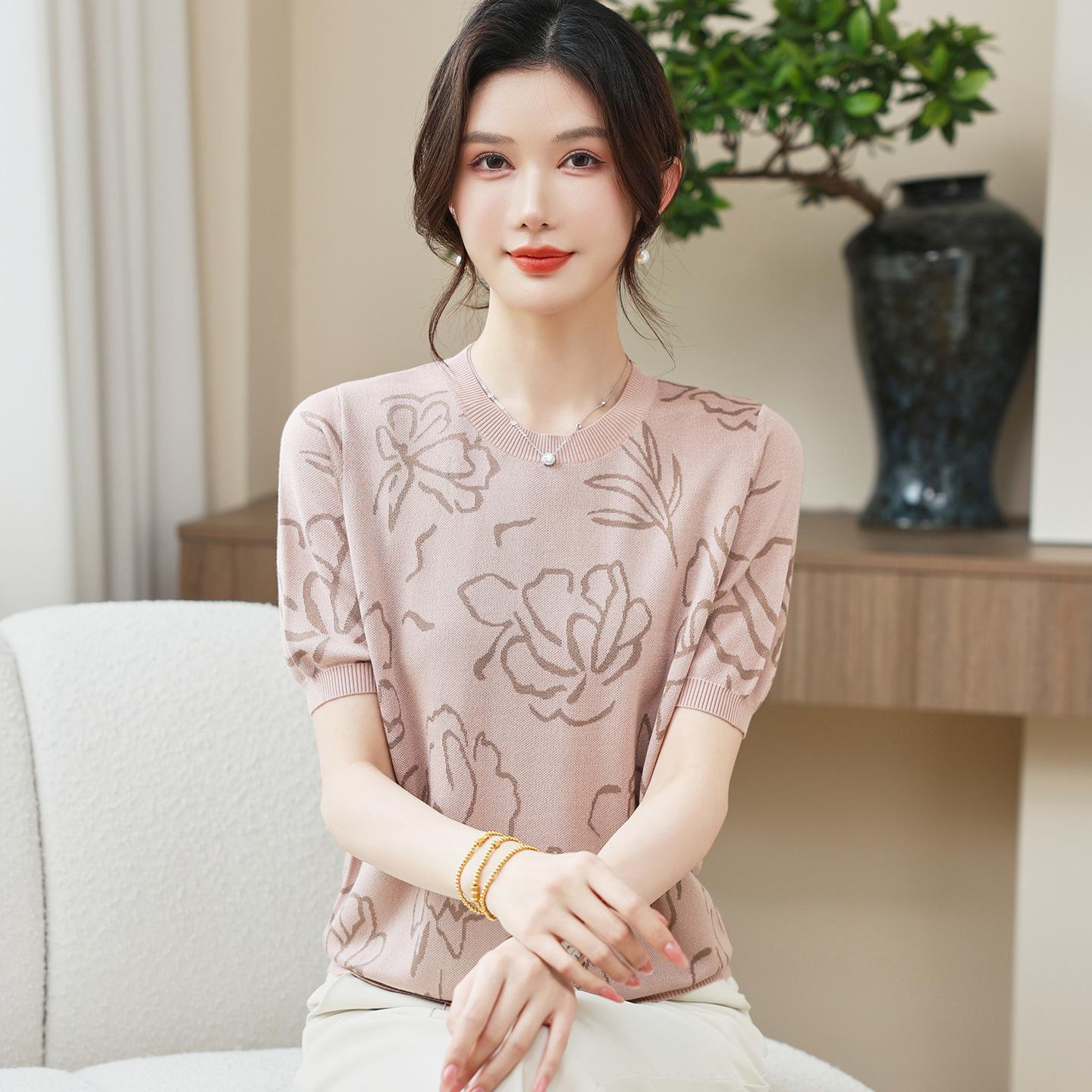 

Stylish Knit Short-Sleeve Loose-Fit Summer Top for Middle-Aged & Elderly Women 3XL (recommended 120-135 lbs)