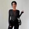 New Women's Sexy Front Chest Mesh Spliced Hollow Solid Color Long-sleeved T-shirt Top