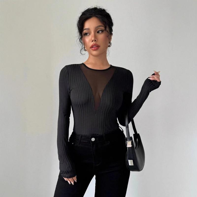 New Women's Sexy Front Chest Mesh Spliced Hollow Solid Color Long-sleeved T-shirt Top