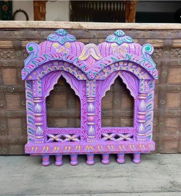 Hand-Painted Wooden Jharokha Wall Hanging: Indian Mehrab Frame