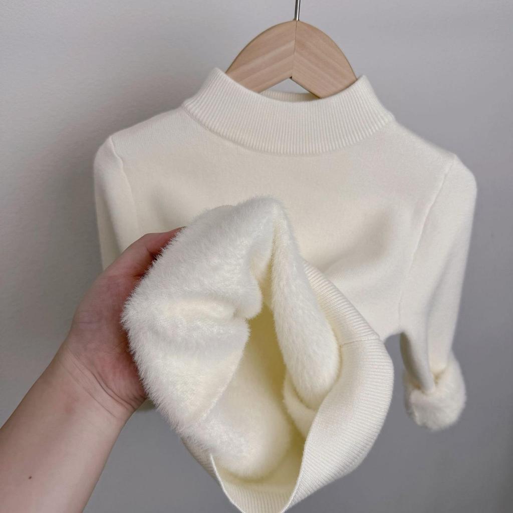 Girls' Fleece-Lined Thick Soft Base Layer Sweater - Half-High Collar for Autumn/Winter