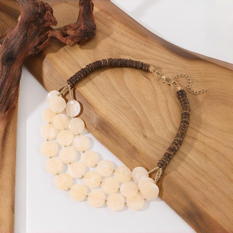 Handmade Trendy Multilayer Beaded Necklace Geometric Round Acrylic Wooden Beads Cute Jewelry for Best Friend Gift for Girls
