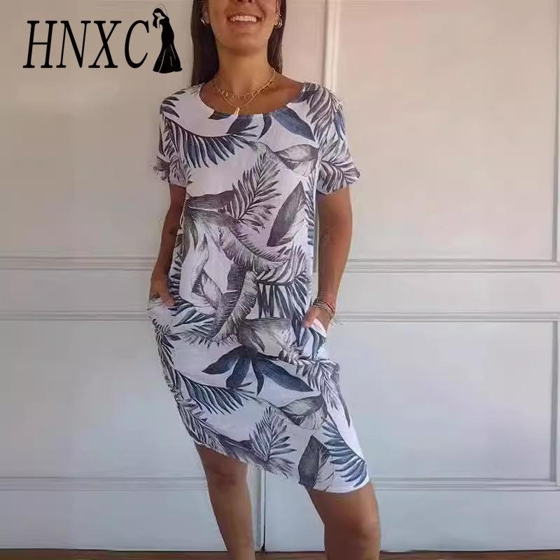 

HNXC Женская мода Лето Весна Цветочный принт с коротким рукавом и круглым вырезом Повседневные платья